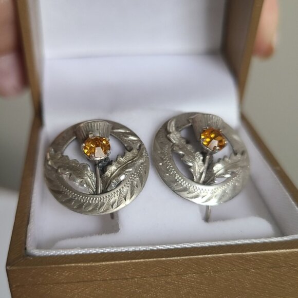 Vintage WB Scotland Sterling Silver Boho Yellow Citrine Circle Stud Earrings - Picture 13 of 13